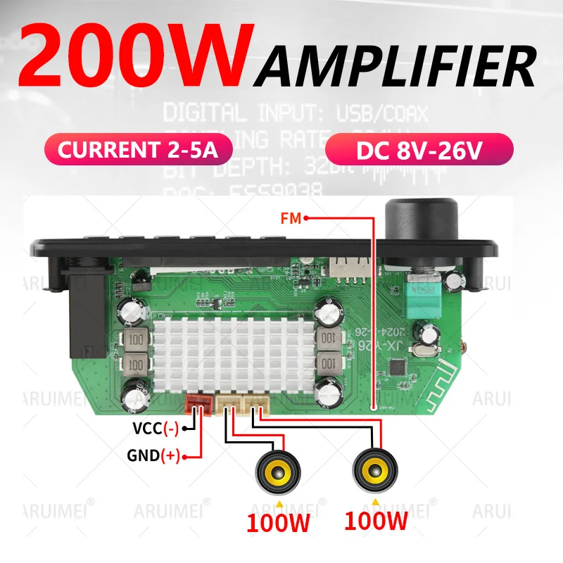 200W Bluetooth 5.0 Amplifier Board 2x100W Stereo Audio Power Amp USB TF FM AUX Mic Karaoke DC 8V-26V Car Home DIY Speaker image 2