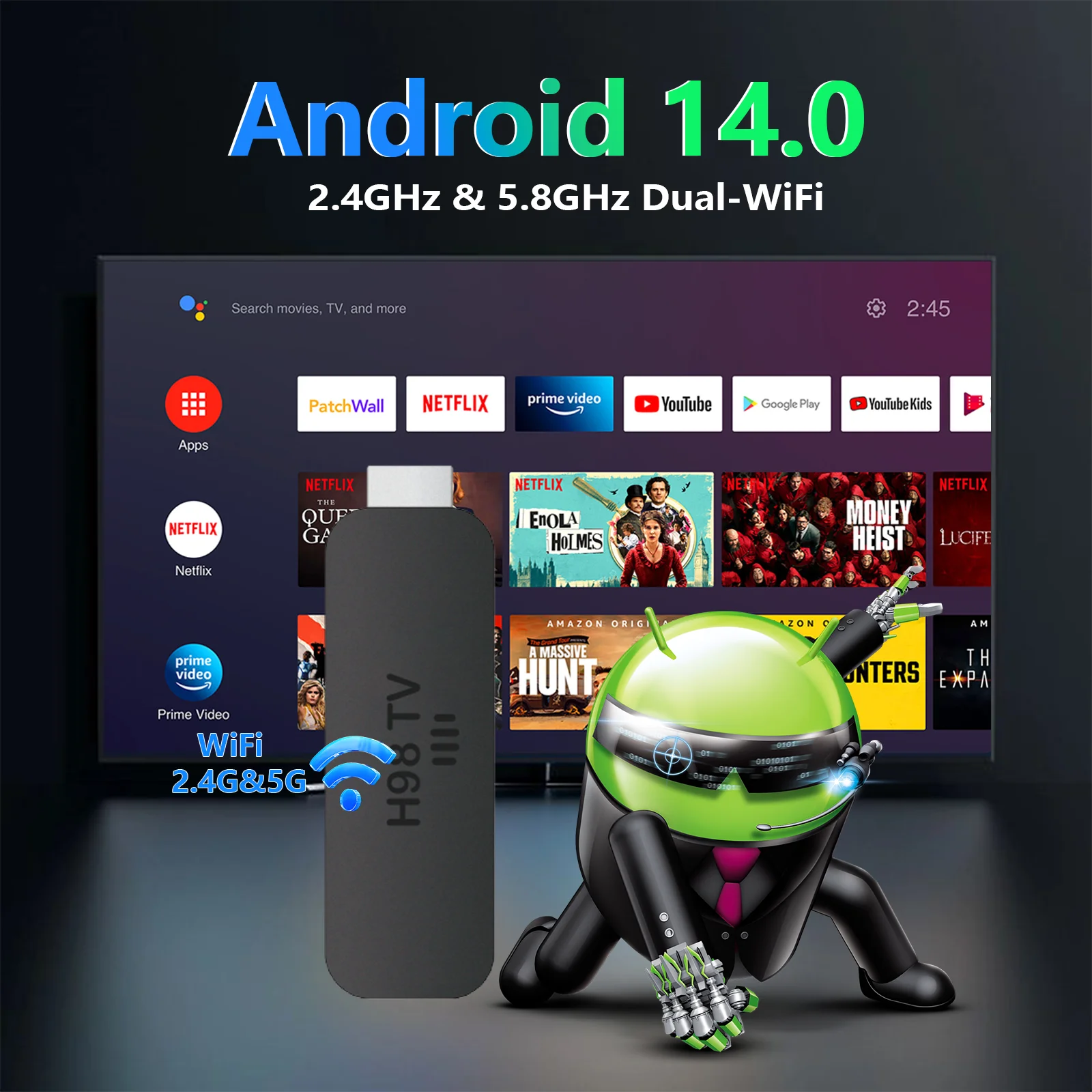 سالانج H98 جهاز استقبال للتليفزيون الذكي أندرويد 14 ATV Allwinner H618 2.4G/5G Dual WIFI Airplay تطبيق مثبت مسبقًا TV Stick