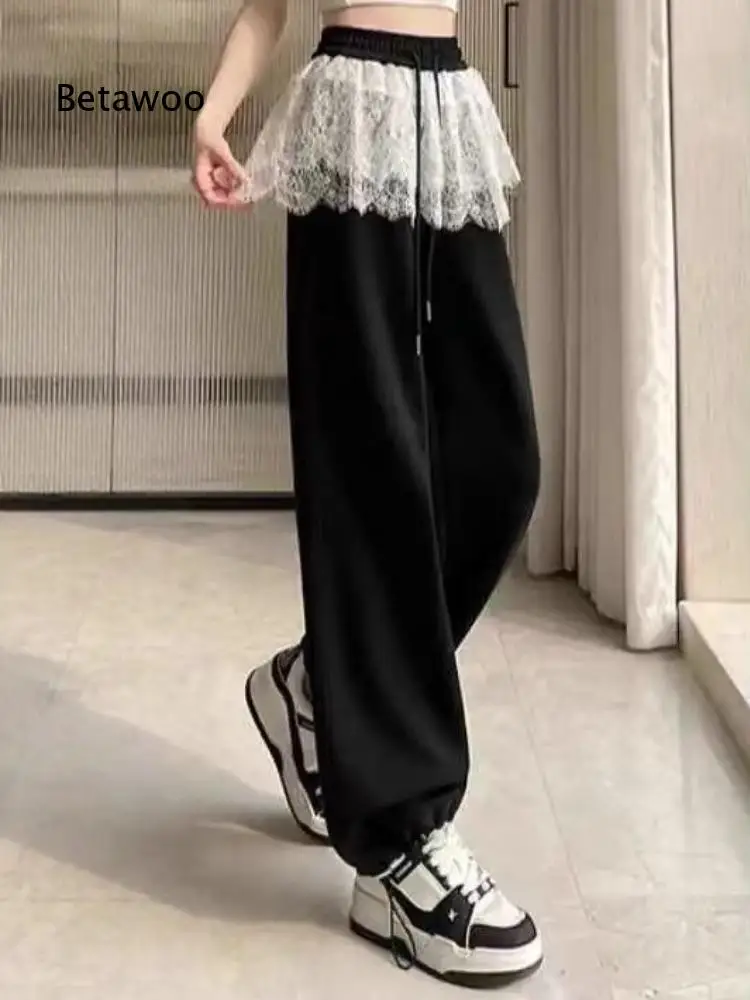 Decorative Lace Layer Jogger Pants For Women Elastic Waist Drawstring Loose Casual Trousers For Multiple Casual Occasions