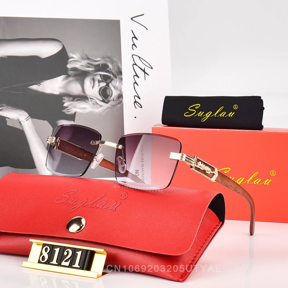 SUGLAU luksusowej marki kwadratowe damskie okulary przeciwsłoneczne moda retro biznes głowa lamparta bezramowe osłony przeciwsłoneczne gradientowe okulary przeciwsłoneczne UV400