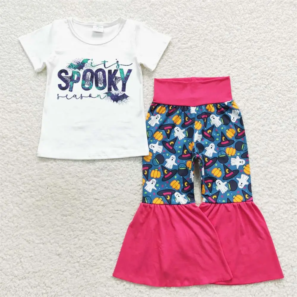 

Wholesale Halloween Children Set Baby Girl Short Sleeves Spooky Bats Shirt Toddler Ghost Pumpkin Bell Pants Infant Kids Outfit