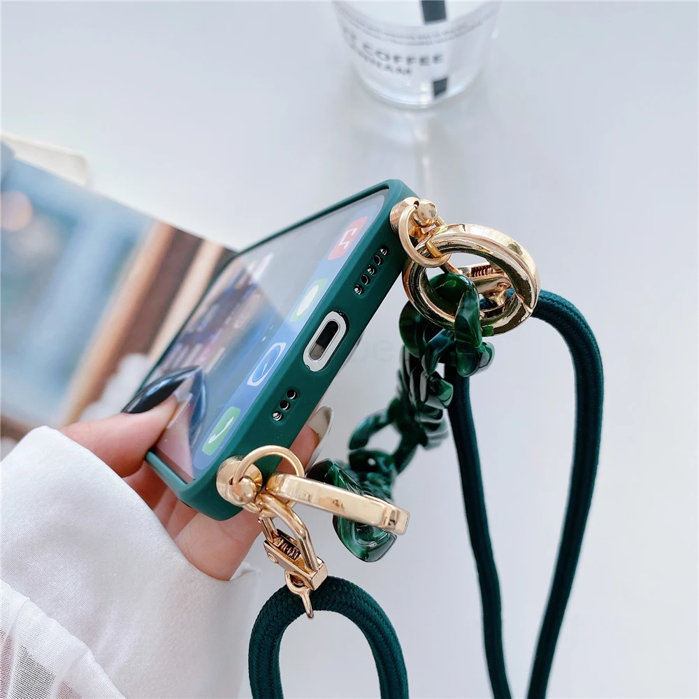 Luxury Marble Chain Liquid Silicone Phone Case For iPhone 15 16 Pro Max 14 13 12 11 XS X 7 8 Plus Crossbody Lanyard Strap Cover