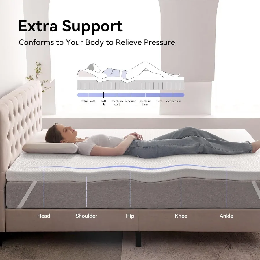 3 Inch Plush Queen Gel Memory Foam Mattress Topper for Enhanced Sleep Comfort: Cooling Removable Cover Soft Feel Pain Relief Br