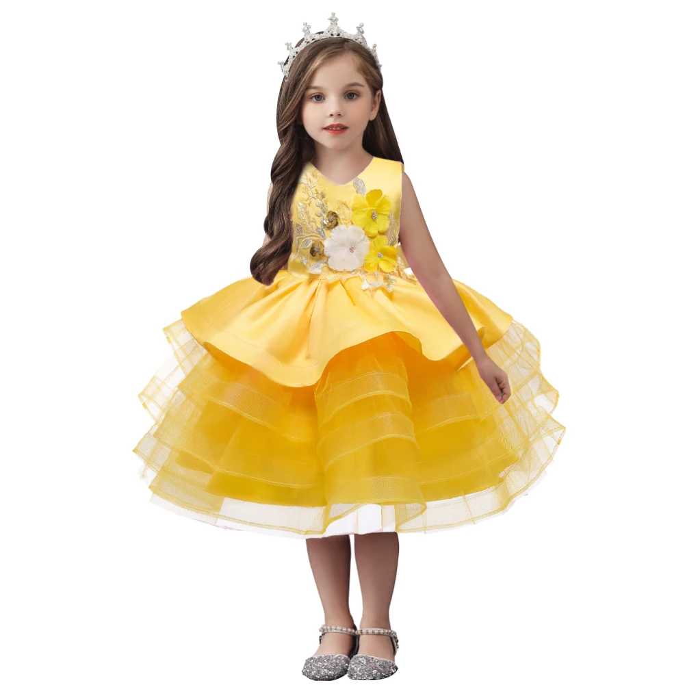 For 0 to 6 Year Yellow Girl\'s Dress Fluffy Child Mesh Kids Dress Performance Christmas Dress