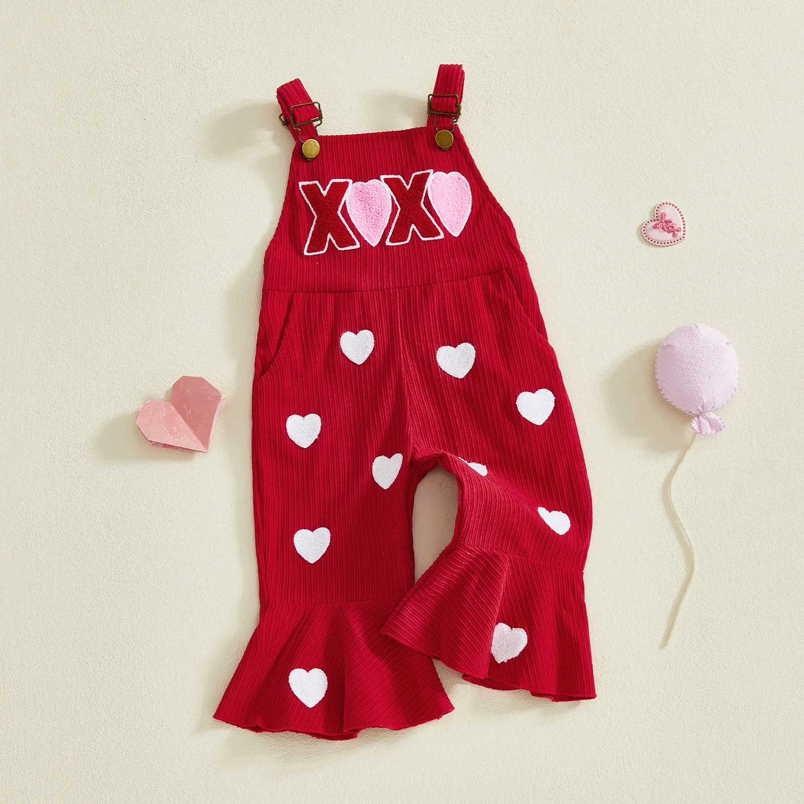 

Toddler Girl Valentine's Day Jumpsuit Cute Letters Heart Embroidery Sleeveless Bell Bottom Overalls Pants with Pocket