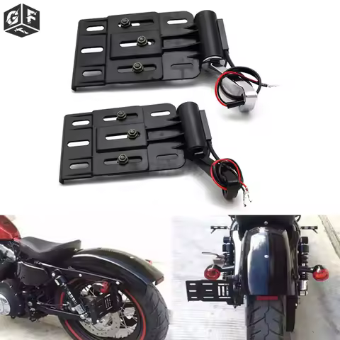 Motorcycle Telescopic Folding LED Light Side Mount License Registration Plate Holder For Harley Dyna 48 883 1200 XL 883N 07-16
