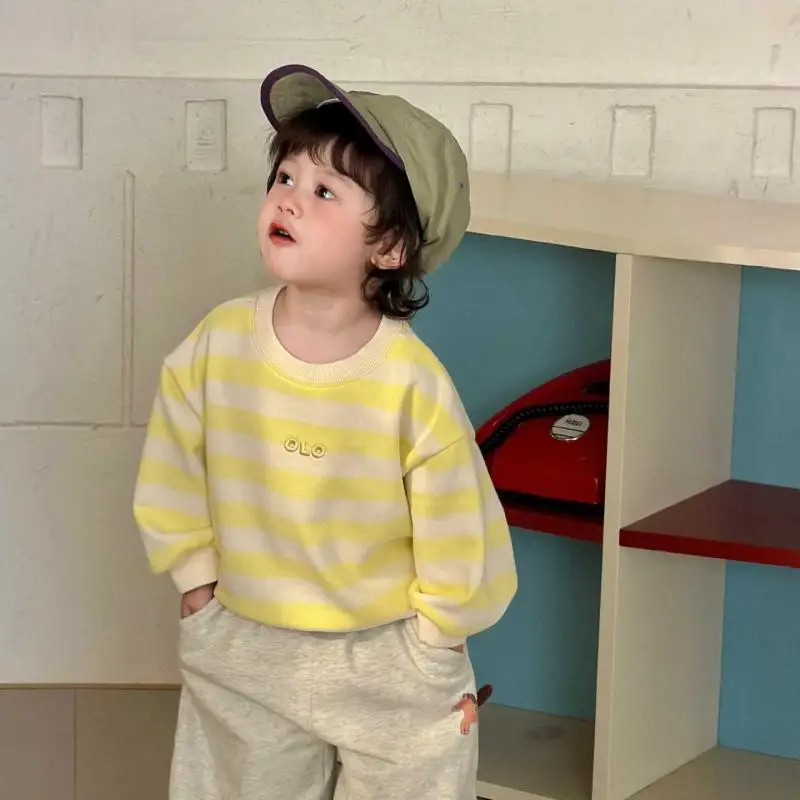 

2026 Spring New Baby Long Sleeve Sweatshirt Boys Casual Striped Pullover Infant Girls Cotton Loose Tops Toddler Clothes