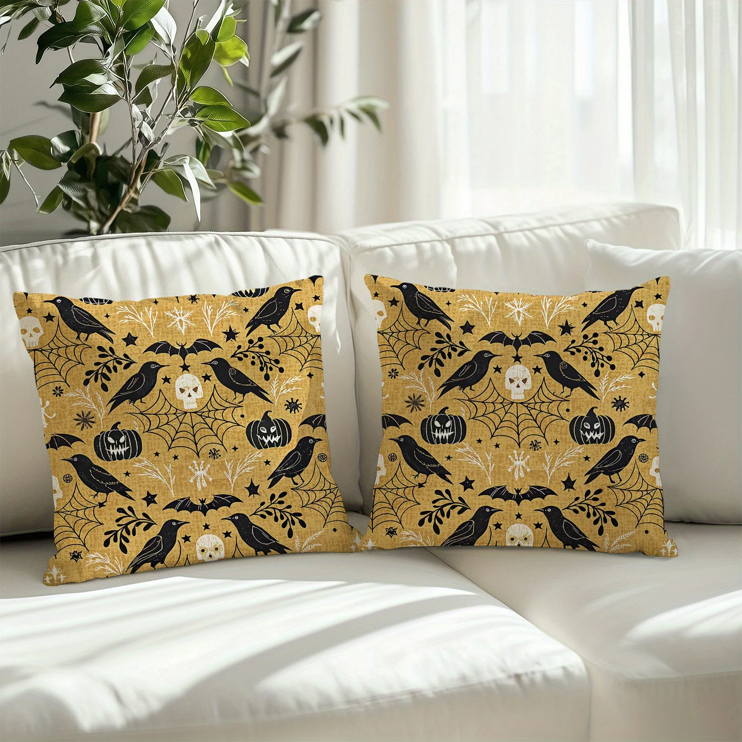2pcs Halloween Crow Skull Printed Throw Pillow Covers Gothic Farmhouse Decor 18x18 Inch, Short Plush Polyester Zippered