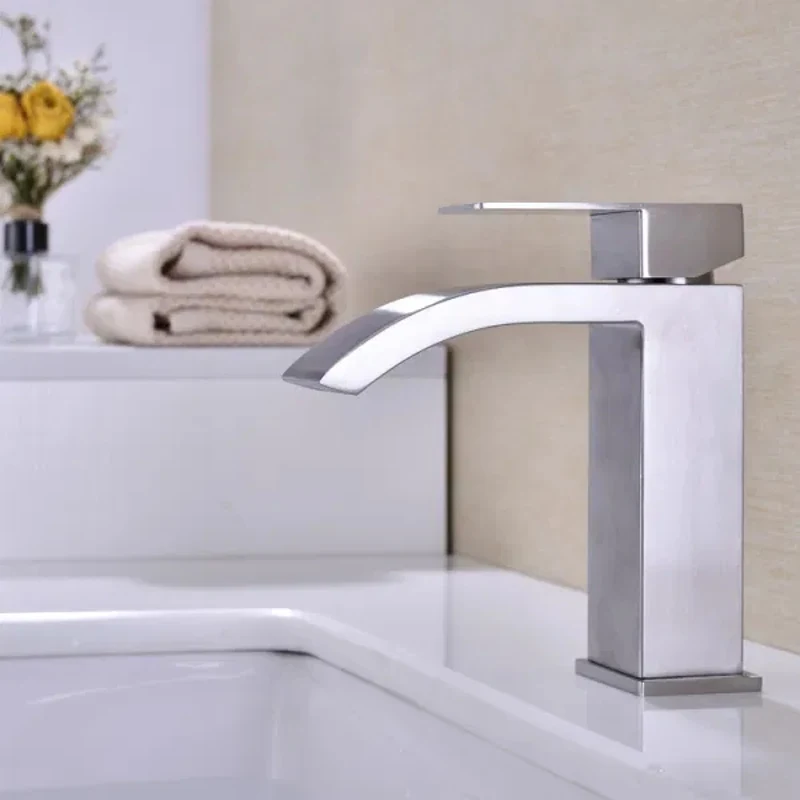 

Waterfall Spout Faucet Silver Square Single Handle Bathroom Wash Basin Sink High Bend with Pop-up Drain Pipe (no Overflow)