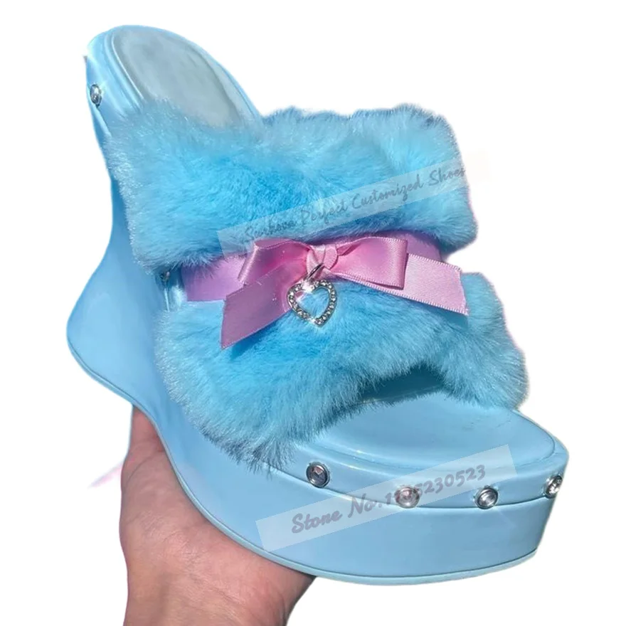 Sky Blue Sweet Fluffy Fur Wedged Mules Pink Ribband Butterfly-Knot Modern Slippers Platform Slip-On Crystal Sandals Dress Shoes