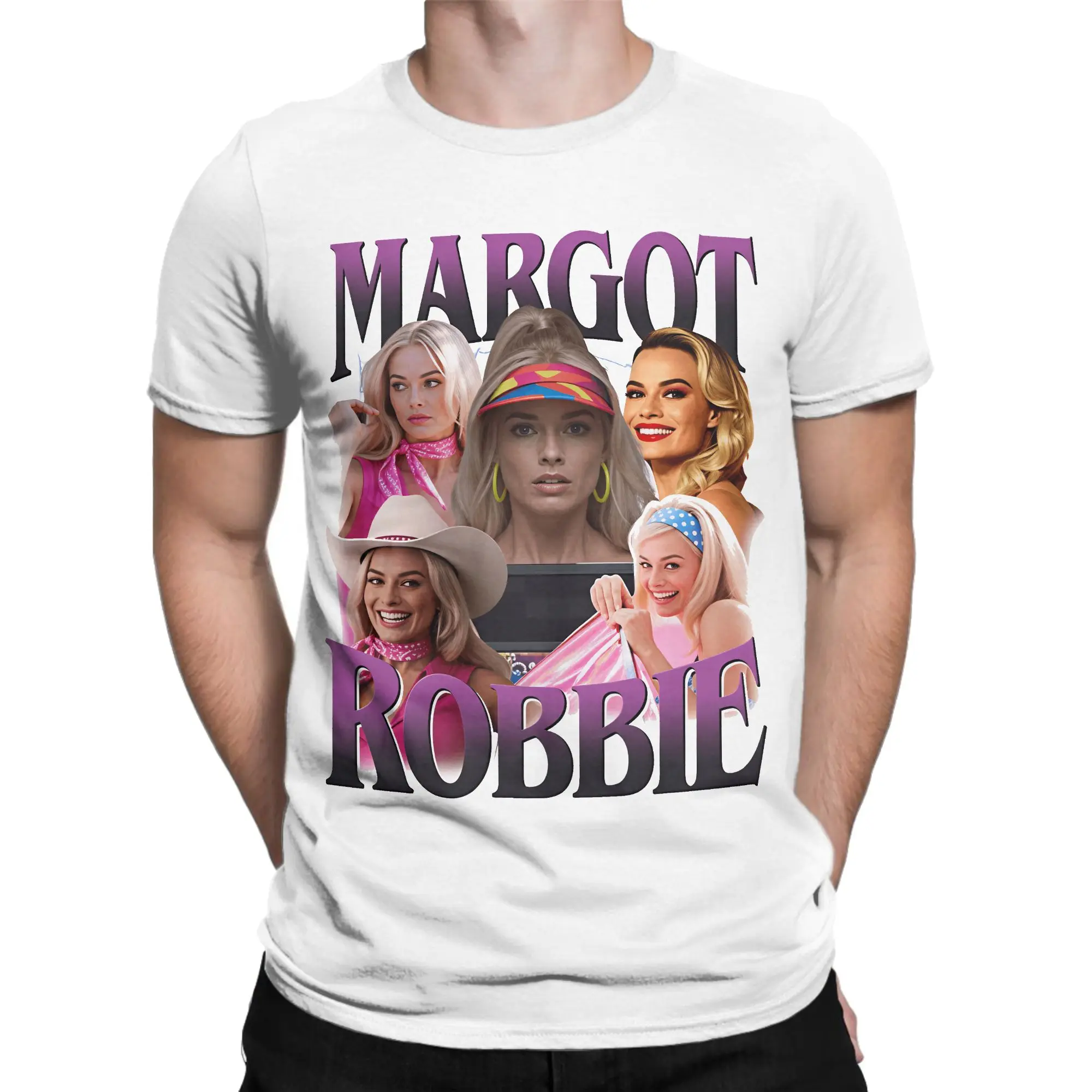 Margot Robbie Poster  Men's T Shirts  Humorous Tees Short Sleeve Crew Neck T-Shirt 100% Cotton Printed Clothing