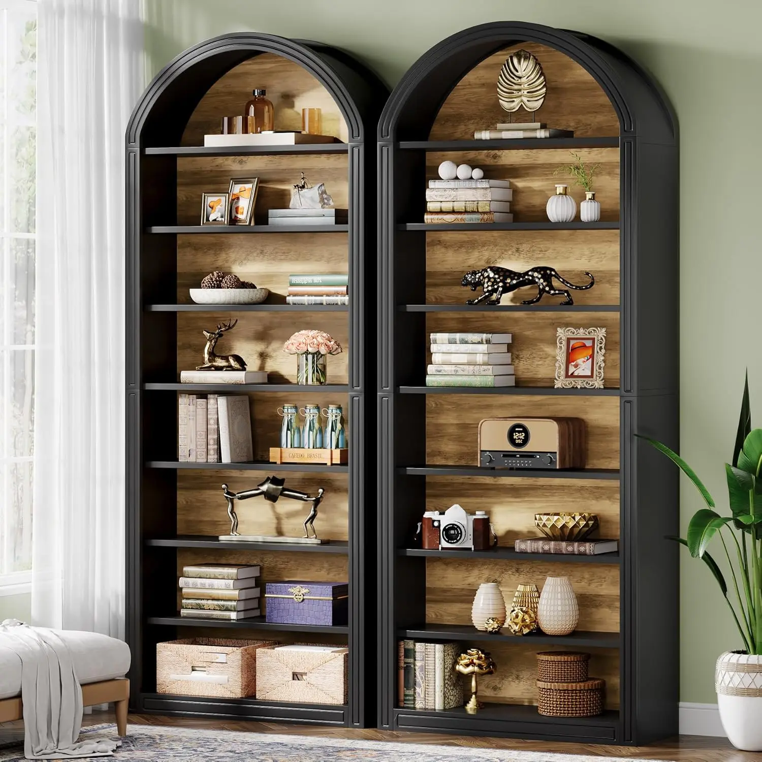 

8-Tier Arched Tall Bookshelf Black Wood Floor Standing Display Shelving Unit with Storage Shelves Set of 2, Customized