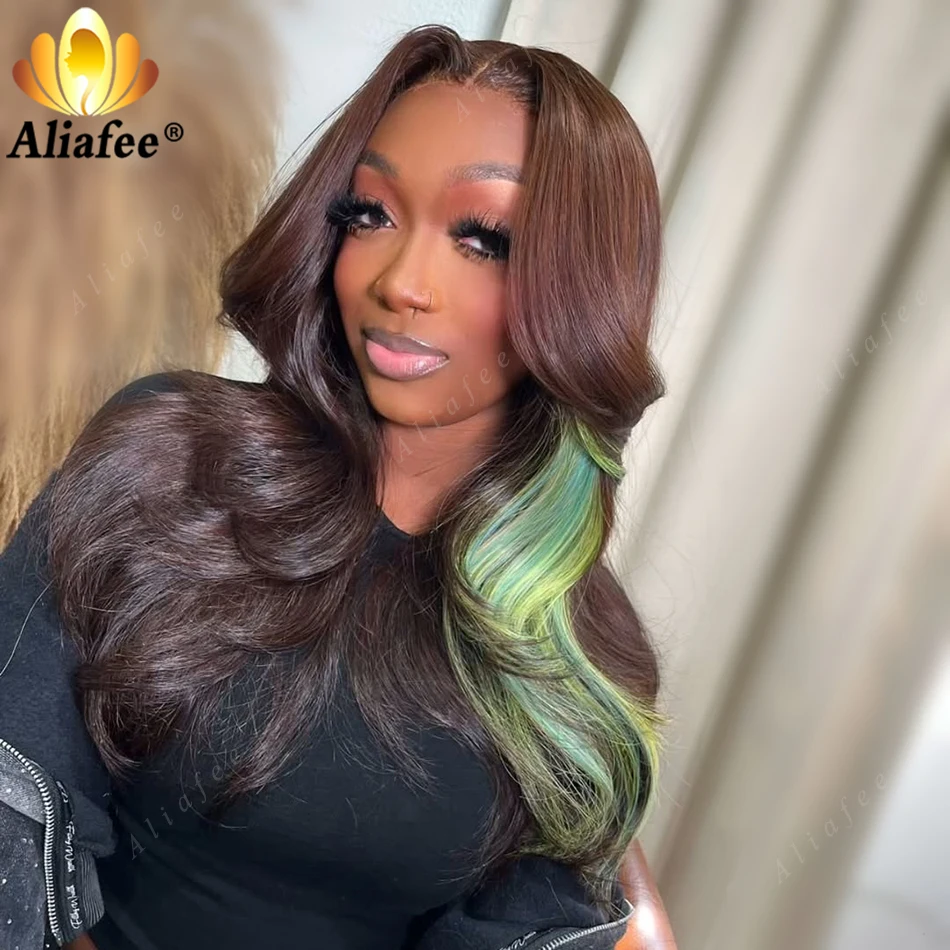 

Brown with Green Color Body Wave Wigs 13x6 Transparent Pre Plucked Human Hair Wigs for Women Chocolate Brown 5x5 Closure Wigs