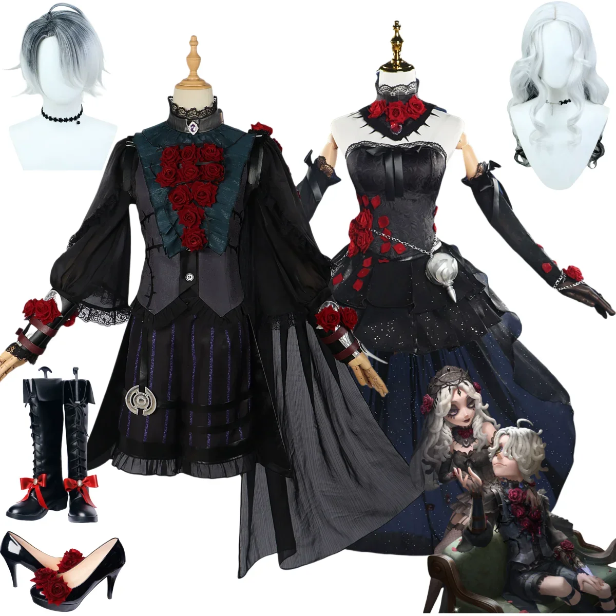 Psicologue Patient nuit noir gothique Rose uniforme perruque chaussure homme femme ensemble de fête jeu identité VAda Mesmer Emil Cosplay Costume