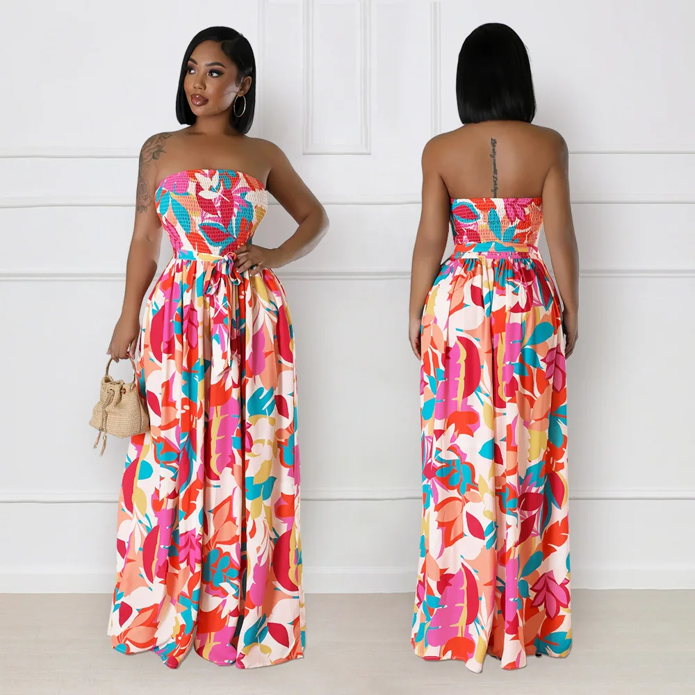 

Elegant Summer Wrapped Jumpsuit Strapless Waist Slim Tie Women's Causal Jumpsuit Printed Wide Leg Playsuits Holiday Long Rompers