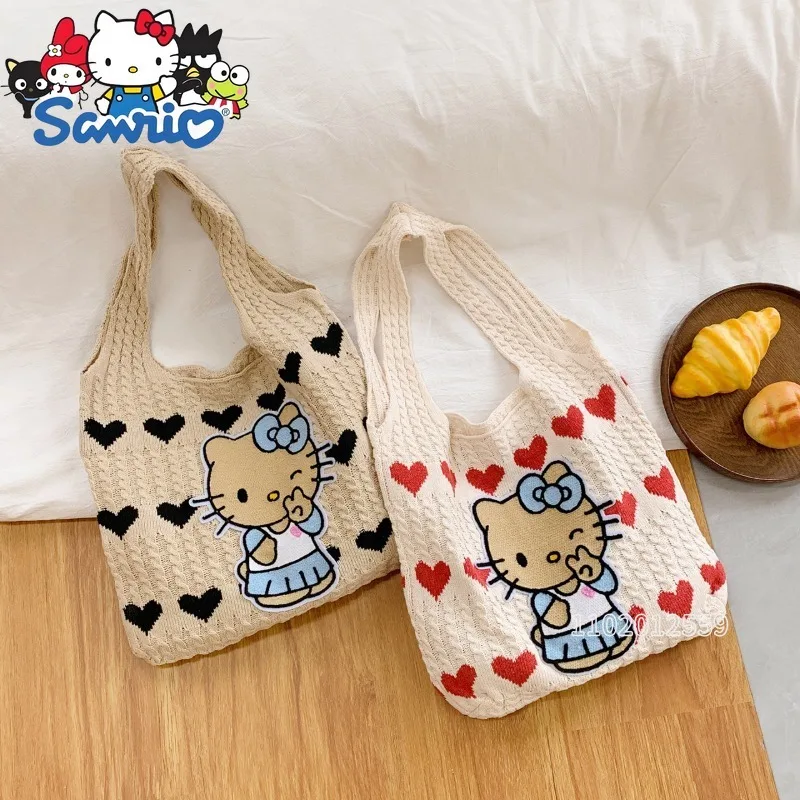 Sanrio Hello Kitty New Woven Women's Handbag Cartoon Cute Woven Women's Shoulder Bag Large Capacity Fashion Casual Women's Bag