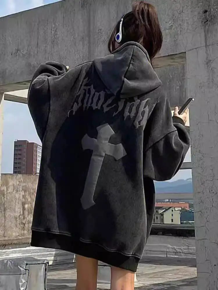 Unisex Hoodies 2026 Spring Autumn Vintage Washed Black Hoodies For Women Oversized Casual Couple Hooded Sweatshirts Outerwear