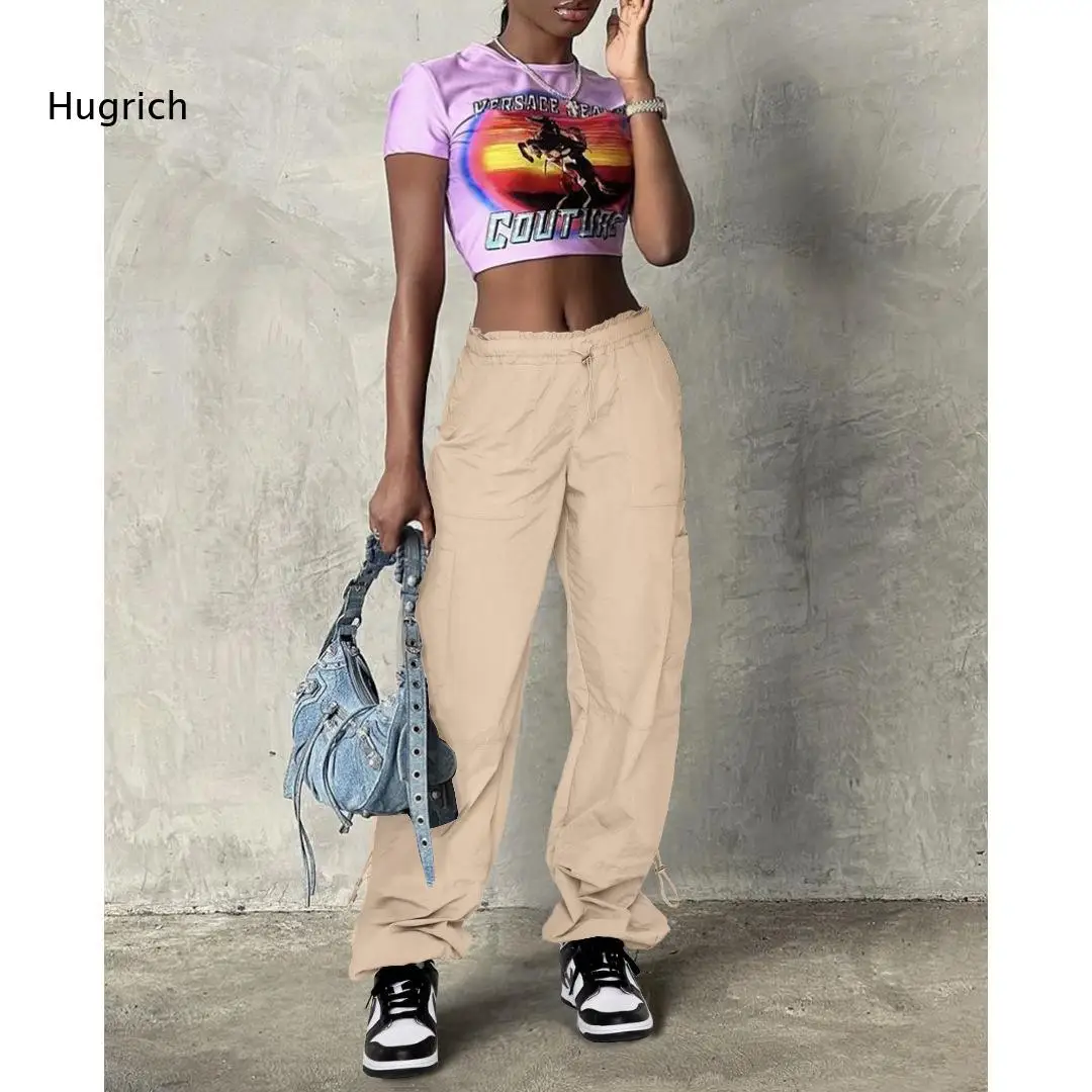 Casual Baggy Wide Leg Cargo Pants Elastic Waistband Drawstring Multiple Patch Pockets Adjustable Ankle Daily Wear Trousers