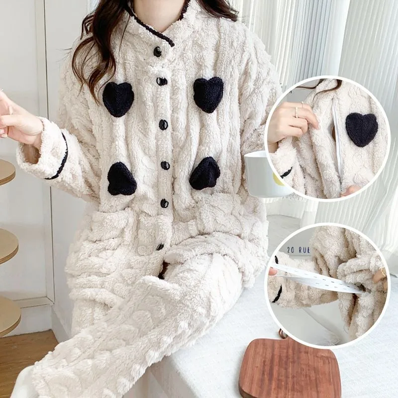 2024 New Confinement Clothes Winter Postpartum Coral Velvet Thickened Pregnant Women Nursing Pajamas Winter Flannel Feeding Set