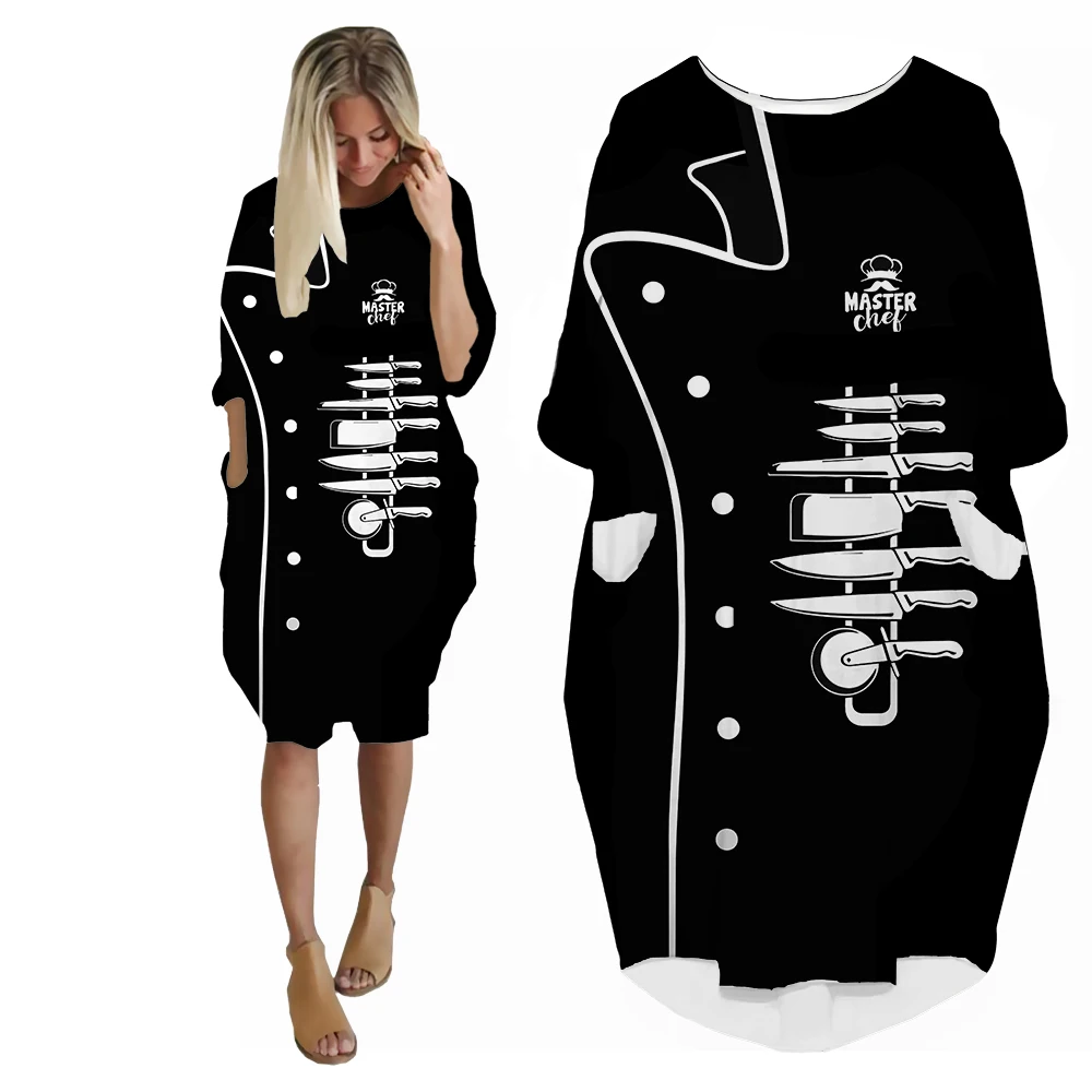 SONSPEE Black Custom Name Master Chef 3D Printing Hip Hop Women's Dress Knives Serial Pattern Skirt New Fashion Long Sleeve Gown