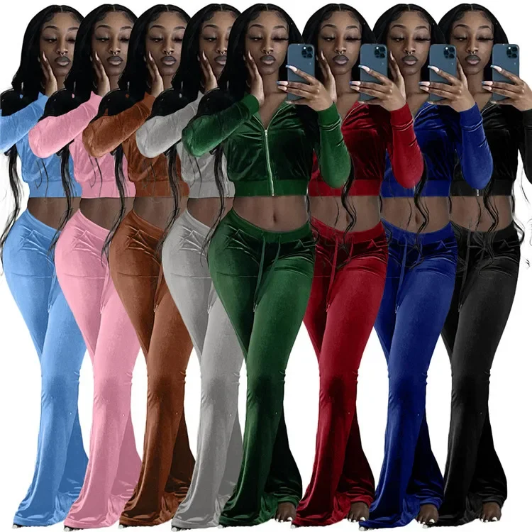 

Women Sport Suit Long Sleeve Crop Coat And Bell Bottom Pant Velour Tracksuit Solid Color Long Sleeve Sexy Hoodie Set