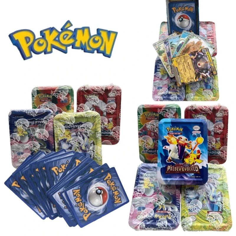 English 41/48/68/118/210 PCS Iron Metal Box Pokemon Trading Game Card Pokémon SCARLET VIOLET Pokemon Booster Playing Cards Toy