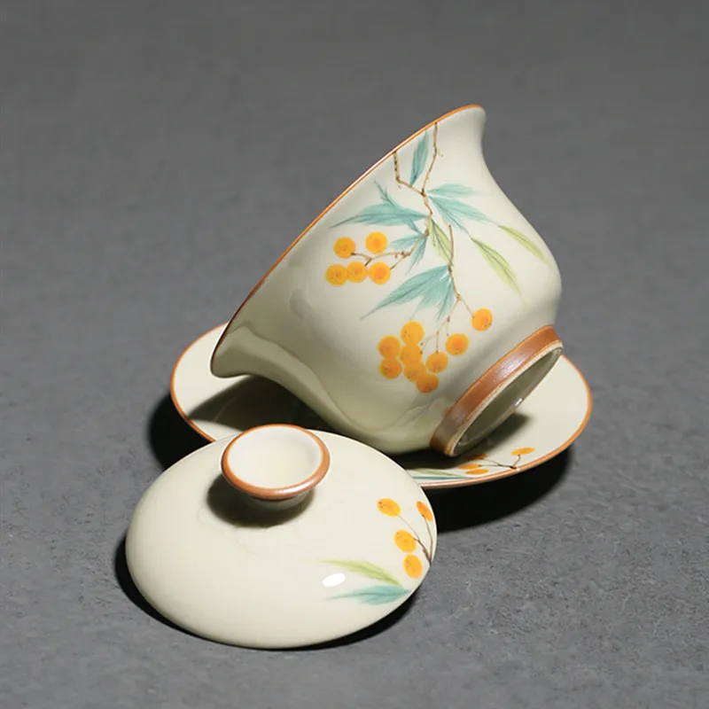 Chinese Handmade Ceramic Gaiwan Exquisite Hand-painted Loquat Porcelain Tea Tureen Teacup Household Tea Bowl Travel Teaware