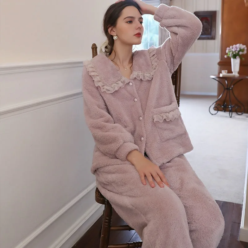 Loungewear Coral Fleece Thick Pajamas Women New 2024 Fall Winter Sleep Clothes Palace-style Famale Warm High-end Homewear Set