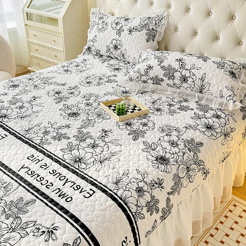 Floral Print Princess Style Bedspread Ruffles Quilted Bed Mattress Cover Single/Queen/King Size Multi-Function Blanket Bed Cover