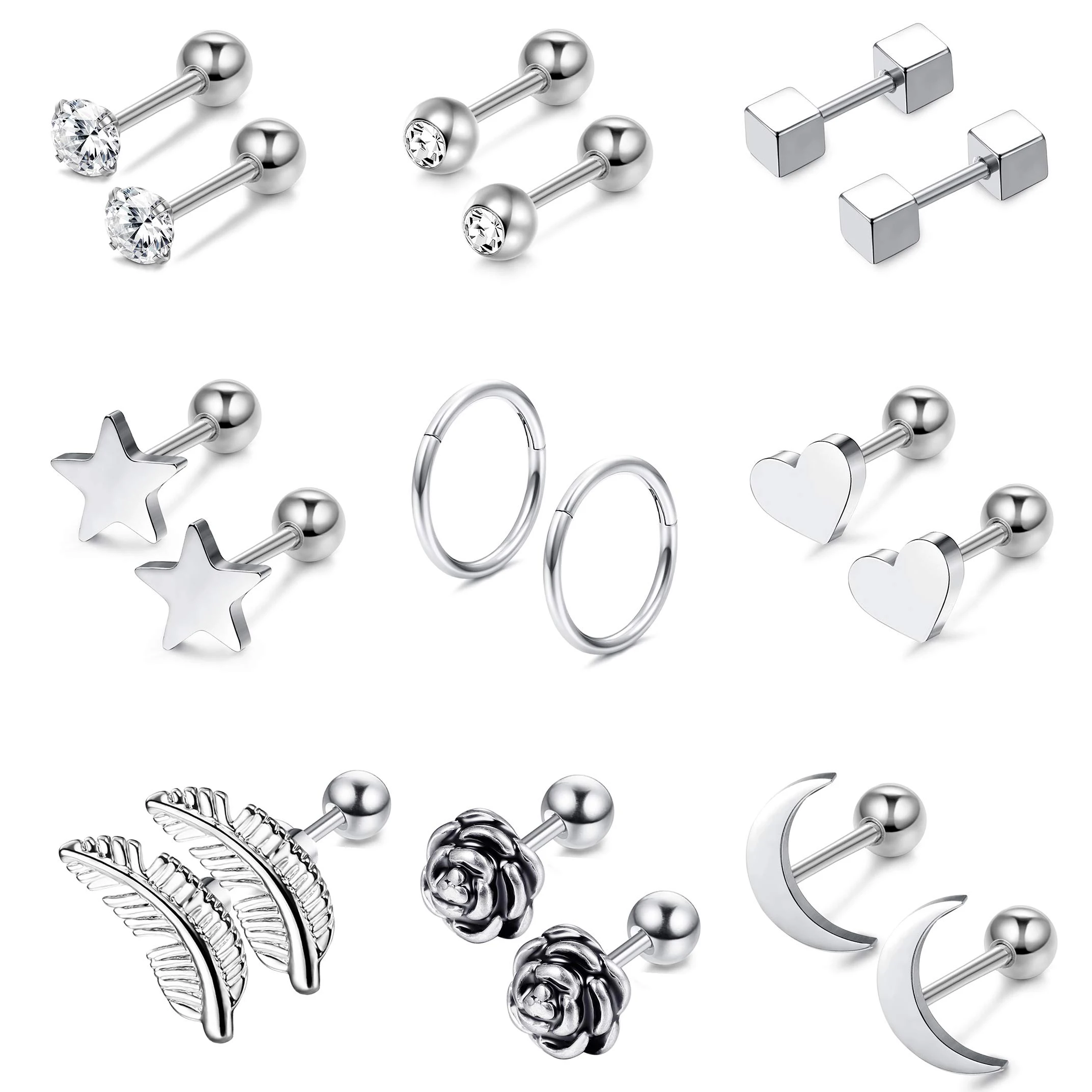 9Pairs 316L Surgical Steel Ear Cartilage Stud Earrings for Men Women CZ Barbell Helix Tragus Stud Piercings Jewelry