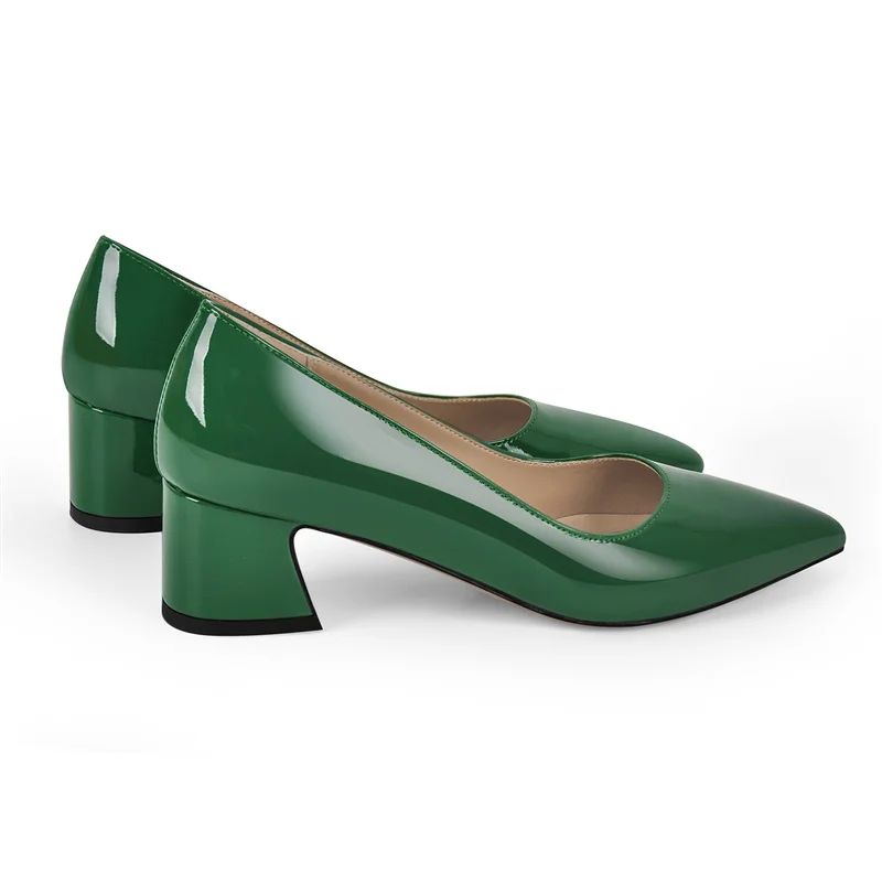 Onlymaker Women Pointed Toe Pumps  Dark Green Patent Leather  Block Slip On Thick Heel  Elegant Chunky Heels