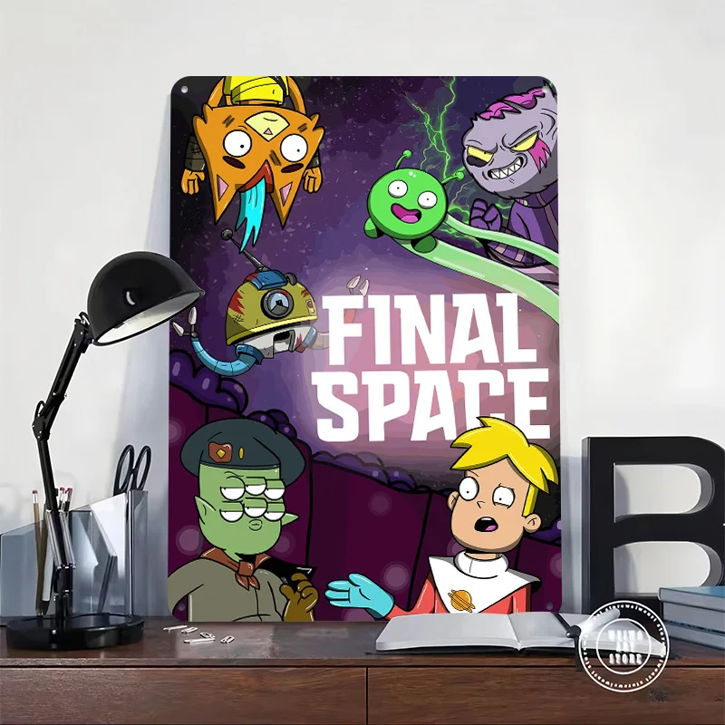 Final Space Characters in Space 3D Printed Texture Poster Personalized Wall Art Retro Metal Tin Signs for Vintage Decor Room