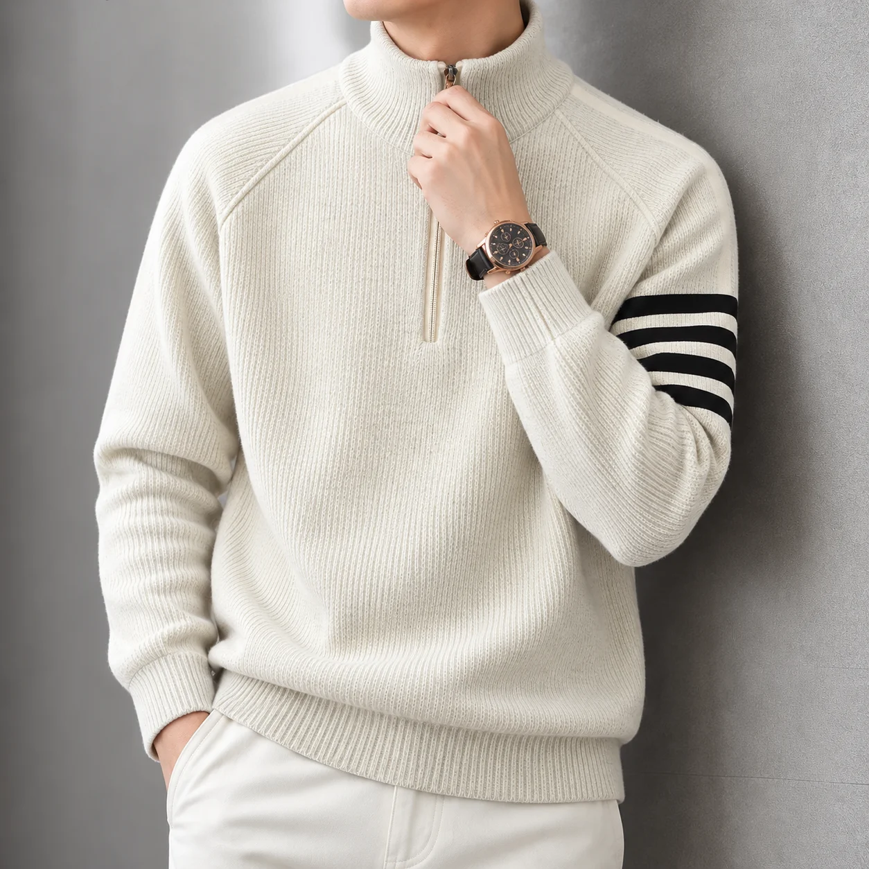High End Men's Sweater Designer Fashion Striped Zipper Semi High Neck Winter New Velvet Thicken Warm Korean Casual Knit Pullover