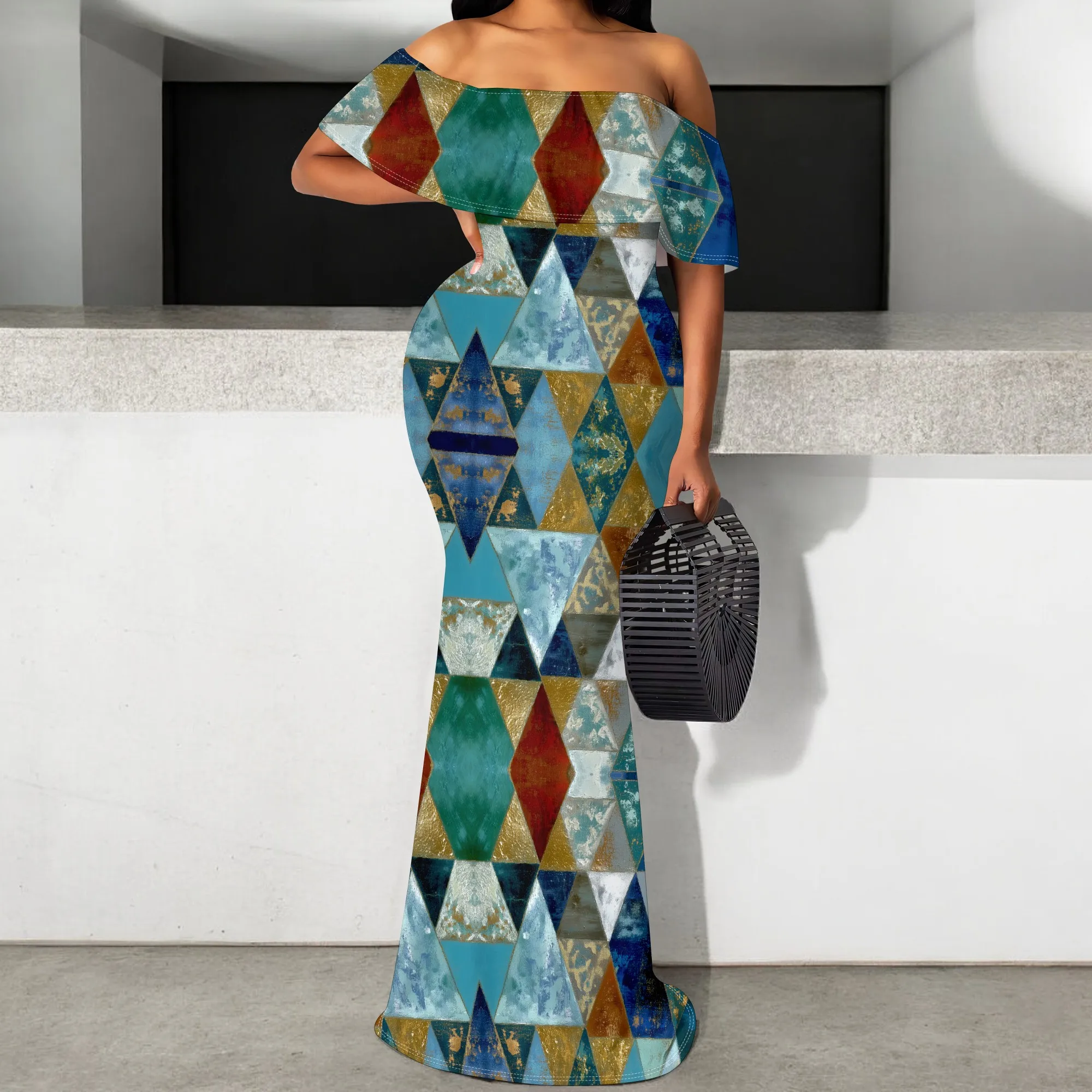 

Geometric Print Off-Shoulder Maxi Dress S-3XL with Ruffle Hem for Casual Chic, Day Out, or Evening Party 2025