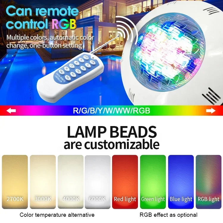 Luz LED para água submersível, Montagem na parede, IP68 impermeável, Piscina RGB, Subaquática, AC 24V, 12V, Plástico ABS