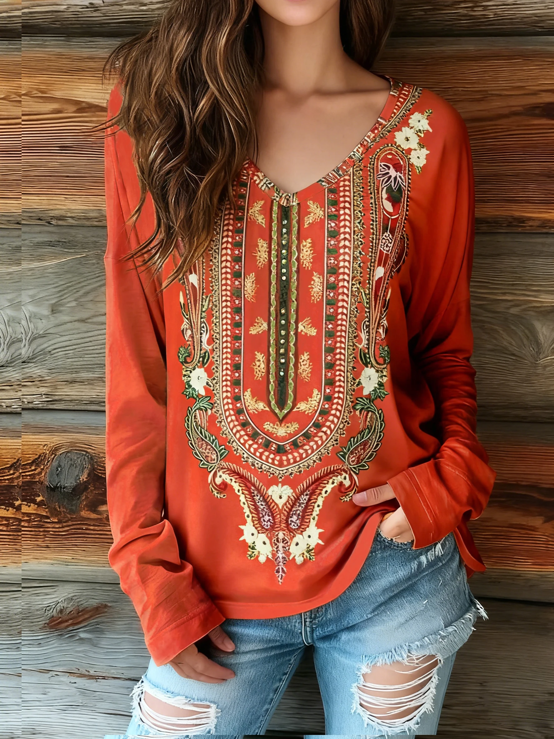 Women's Euro-American Long Sleeve Blouse | V-Neck Orange Red Ethnic Embroidery | Spring Autumn Daily Casual Wear