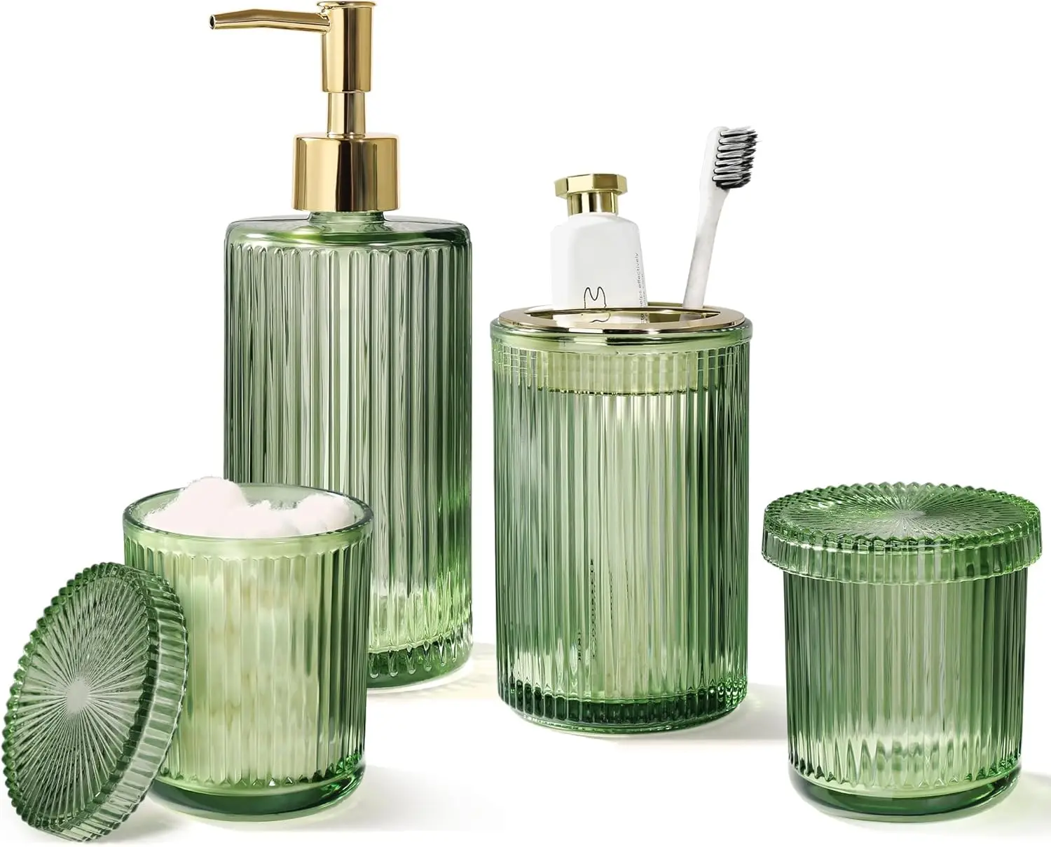 

Green Glass Bathroom Accessories 4 Pcs, Green Bathroom Set, Soap Dispenser and Toothbrush Holder Set, Qtip Holder Set, Vintage B