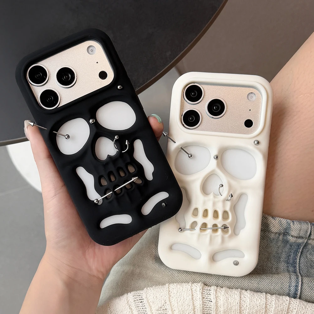 Für iPhone 18 17 16 15 12 13 14 Pro Max Modische Halloween 3D Hohlraum Wärmeableitende Totenkopf-Gesichts-Weichsilikonhülle Lustige Abdeckung – Detail 1