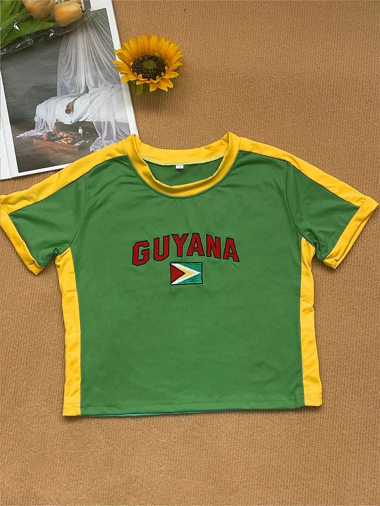 Summer Guyana Letter Pattern Embroidery Short Y2K Color Blocked Women's T-shirt Fashion Trend Street Top Women's Clothing view 2