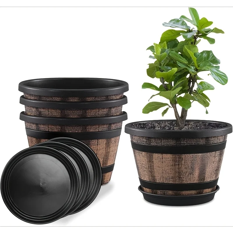 

Set of 4 Retro Wine Barrel Flower Pots with Trays & Drain Holes, Ideal for Indoor & Outdoor Planting