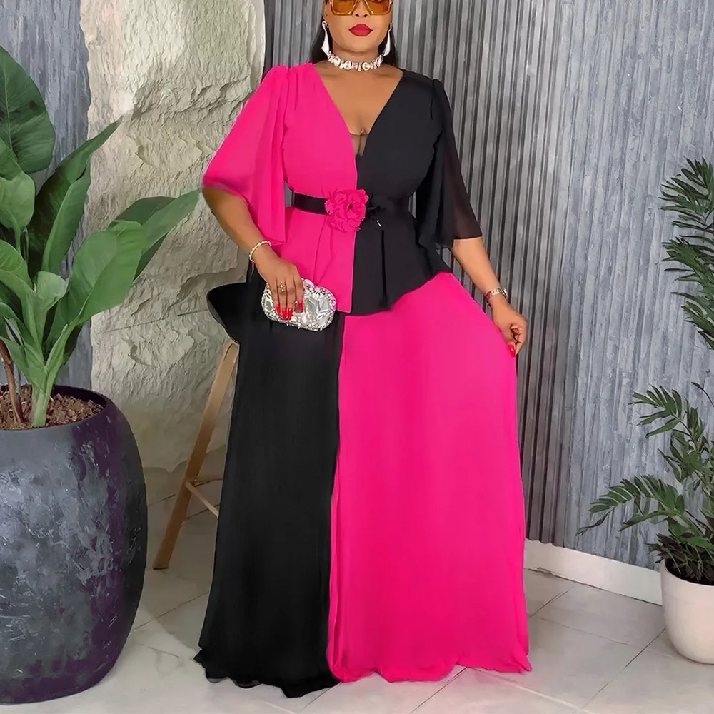 

Elegant Party Dresses for Woman Chiffon Patchwork V Neck Pleated African Turkey Dashiki Ankara Birthday Gowns Dress Maxi Muslim