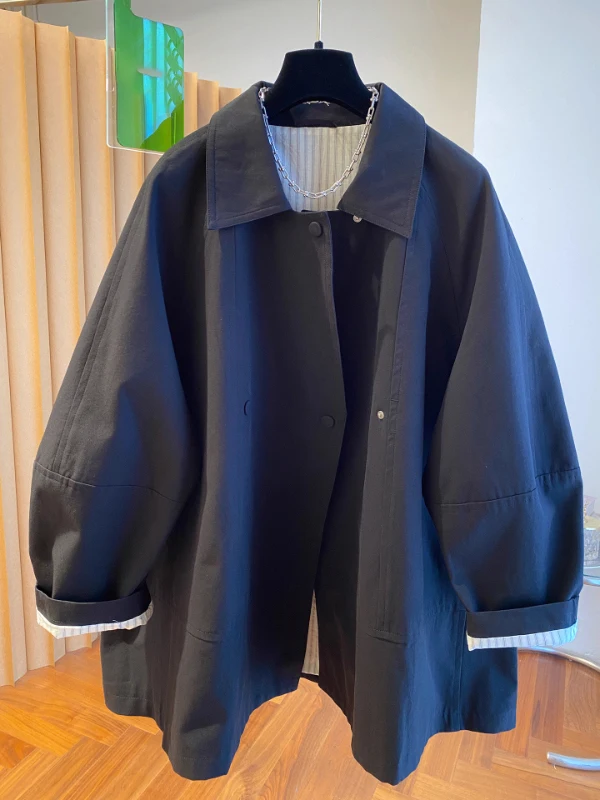 Women's Casual Oversized Coat Spring Autumn New Style Stripe Inner British Style Mid-Length Lapel Windbreaker Outerwear