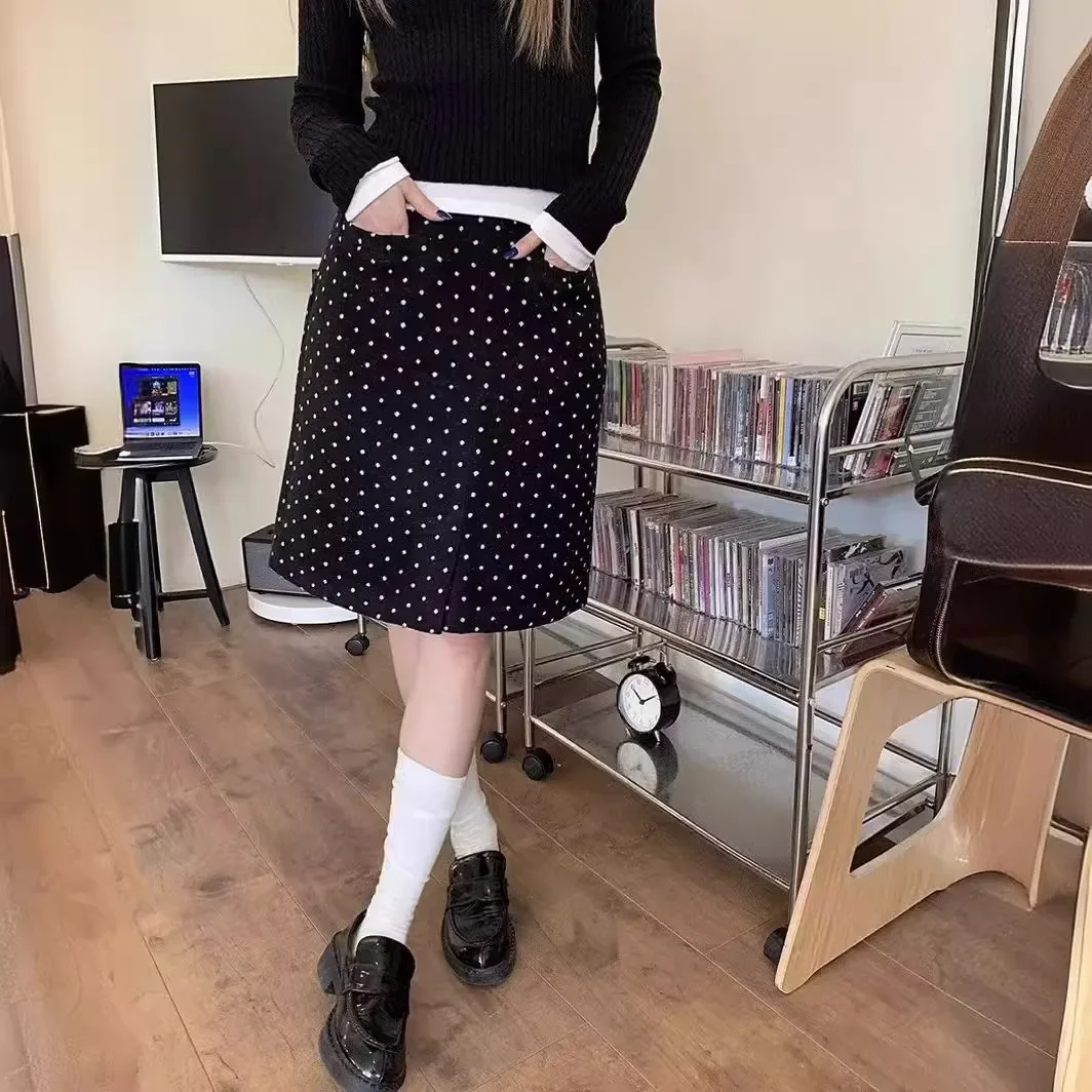 Pop Vintage Polka Dot Skirt Women's Summer Sensibility Side Slit A- Line Petite Slimming High-waisted Bodycon Skirt