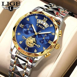 LIGE New Luxury Sports Watch Men Stainless Steel Man Quartz Wristwatch Waterproof Luminous Chronograph Clock Men's Watches Reloj