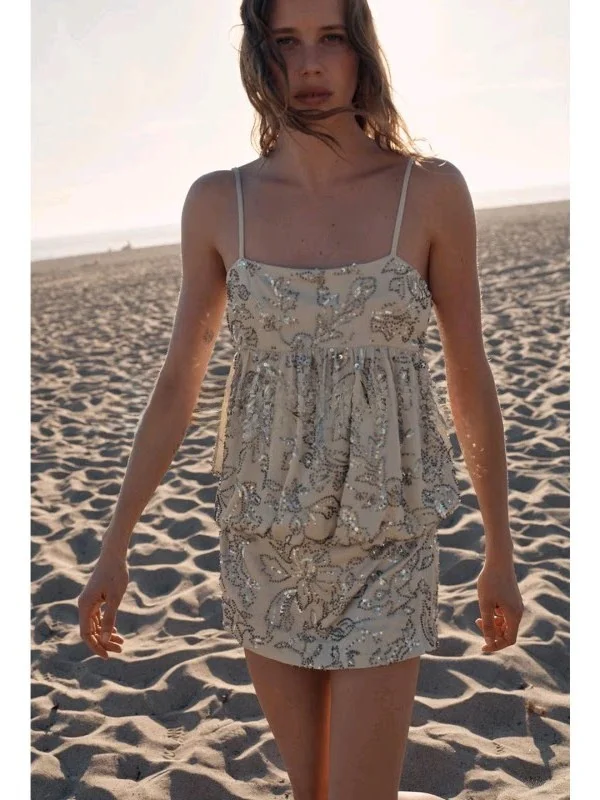 

Spring Summer Women's Holiday Style Zipper Short round Neck Beaded Strapless Dress Slim Fit Casual Single Piece Polyester