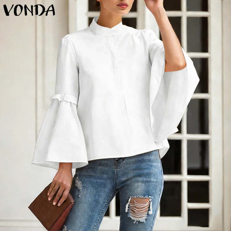 VONDAPlus Übergröße 5XL 2026 Damen Einfarbige Hemden Lange Trompetenärmel Modische Bluse Herbst Frühling Lässige Elegante Bürodamen-Oberteile Tunika