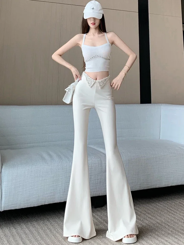 여성을위한 하이 엔드 헤비 크래프트 다이아몬드 박힌 플레어 슈트 바지 새로운 하이 웨이스트 슬림 피트 다목적 플레어 바지
