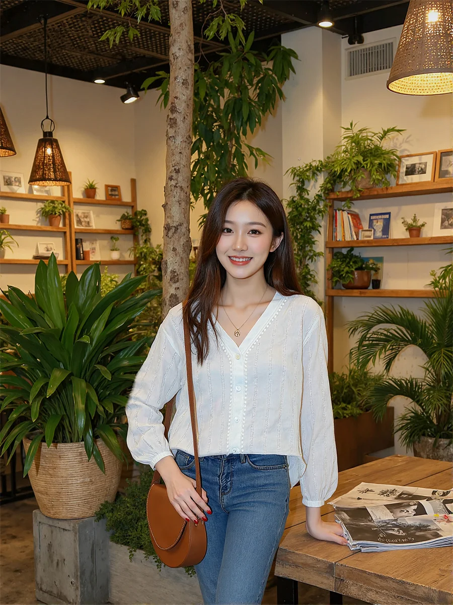 

Long Lantern Sleeve Women Elegant Shirts Pearls Beading Goth Punk Fashion Aesthetic Streetwear Button Front Casual Simple Basic