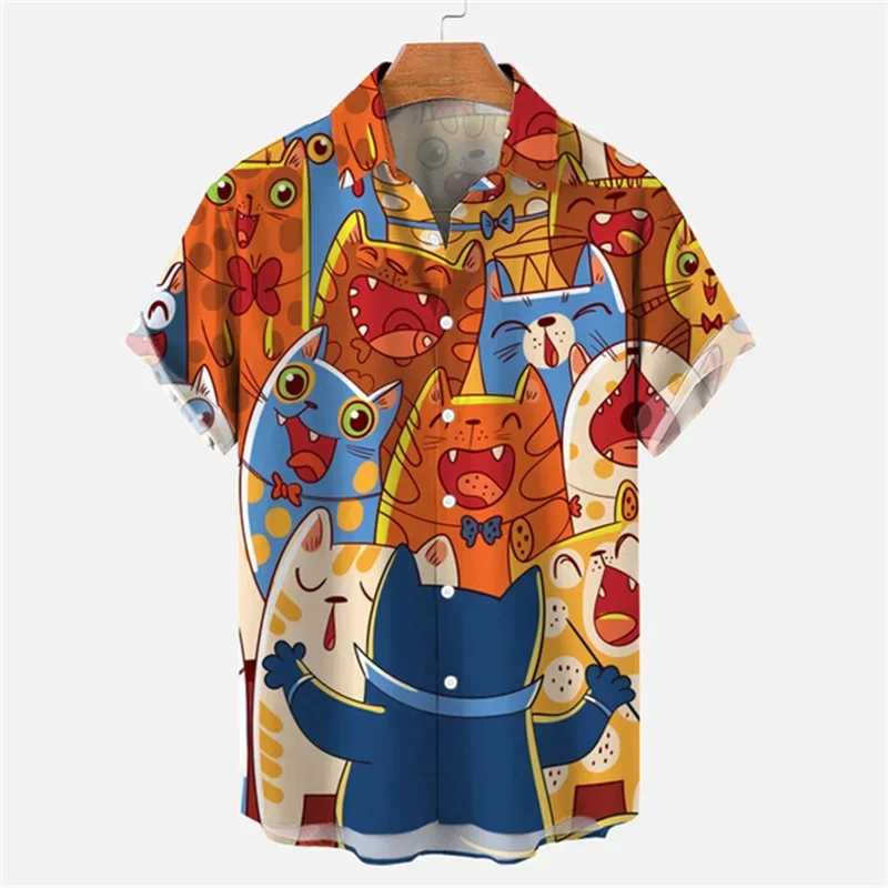 

3D Printed Cute Cat Hawaiian Shirt For Men Cartoon Animal Pattern Blouse Summer Vacation Aloha Shirts Street Lapel Short Sleeves