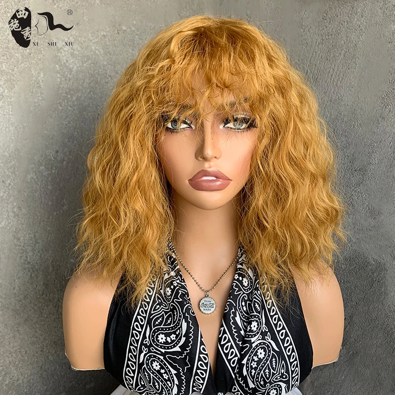 

12“Short Light Ginger Orange Synthetic Wig With Bangs For Women Heat Resistant Fiber Natural Wavy Hair Halloween Bob Cosplay Wig